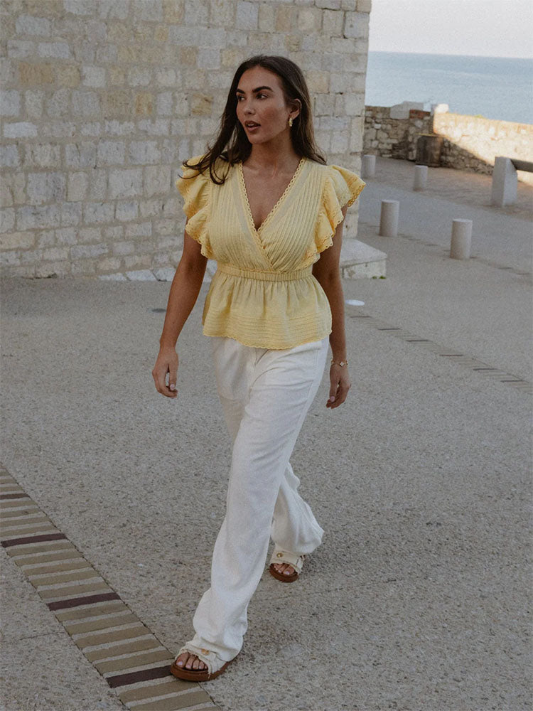 Pcawace High Waist Linen Blend Trousers- White