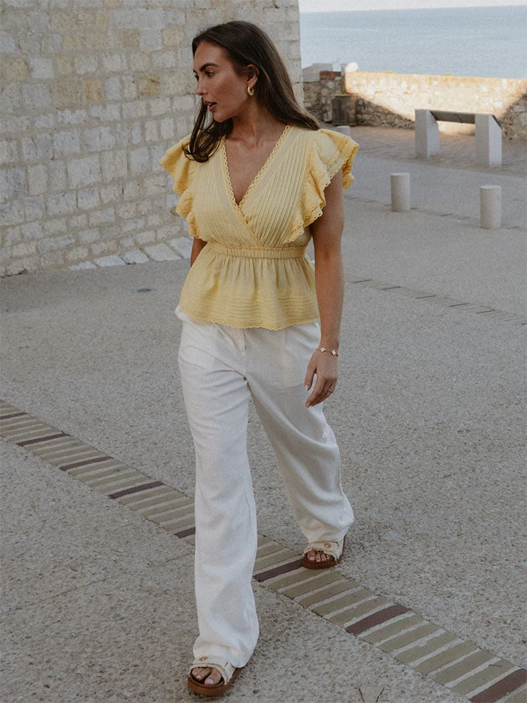 Pcawace High Waist Linen Blend Trousers- White