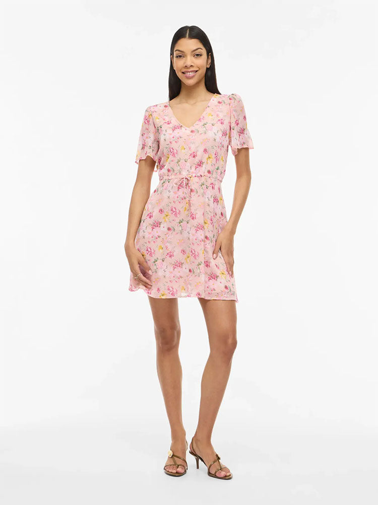 Vifalia V-Neck Short Dress-Misty Rose Flower Print
