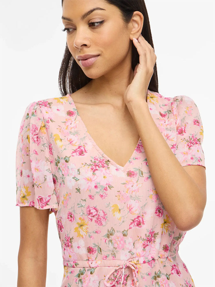 Vifalia V-Neck Short Dress-Misty Rose Flower Print