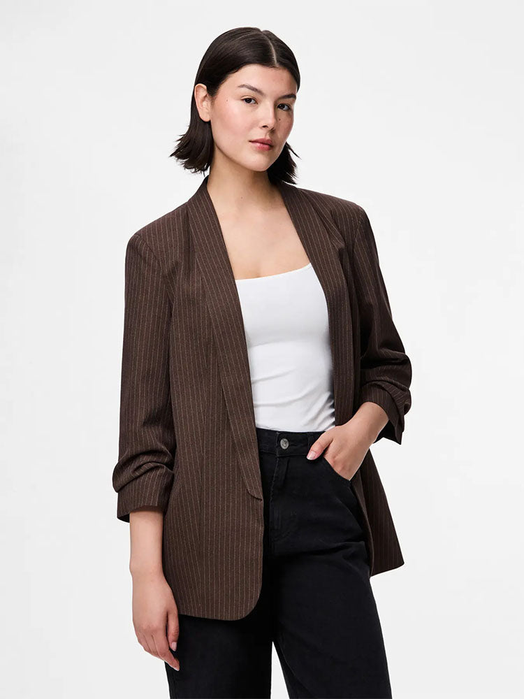Pcbosella 3/4 Pinstripe Blazer-Hot Fudge