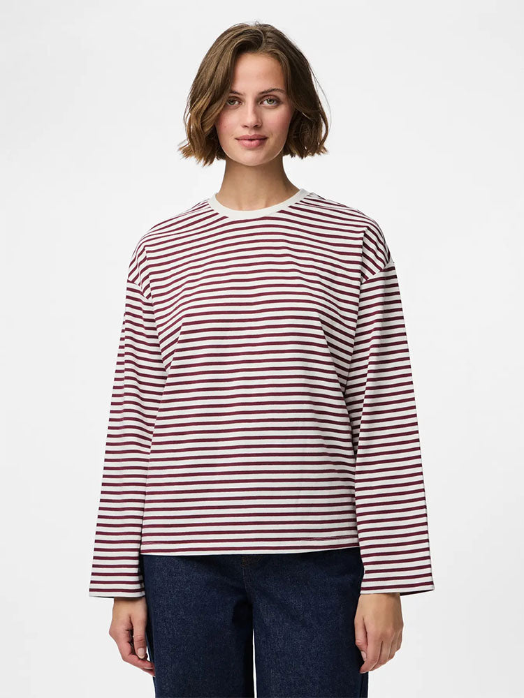 Pcsadie Long Sleeve Top-Cream/Wine Stripe