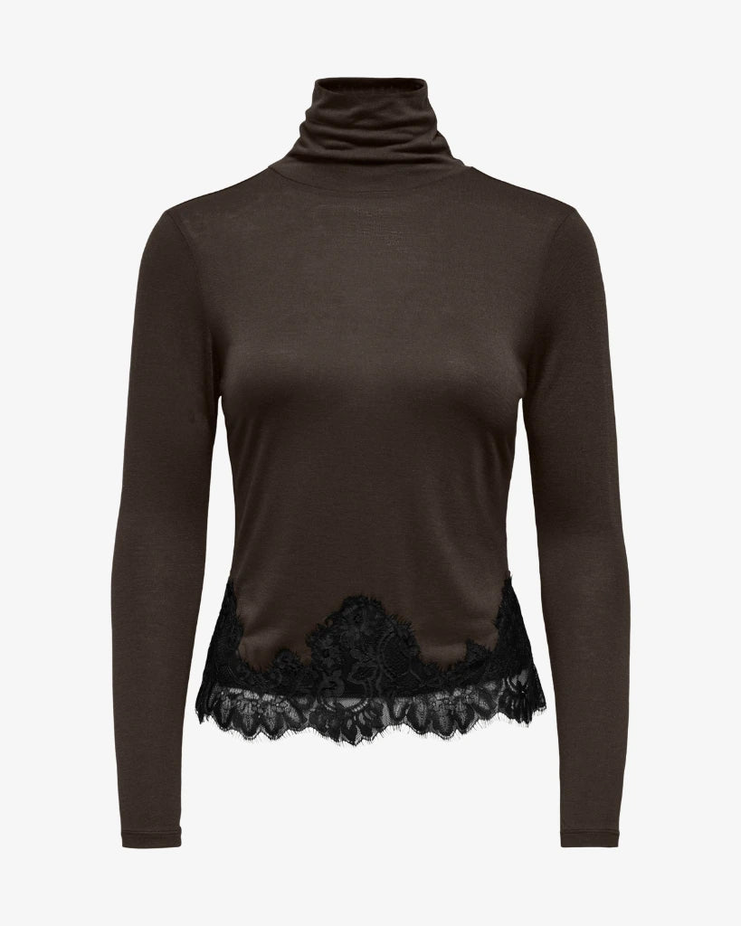 Jdysara polo neck top lace detail- brown/black