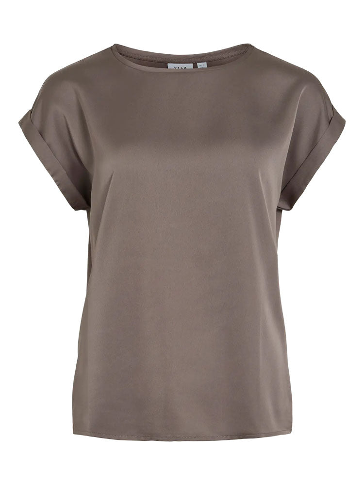 Viellette Short Sleeve Satin Top-Brown