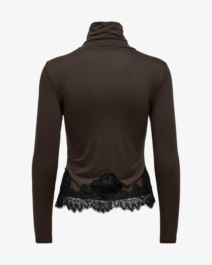 Jdysara polo neck top lace detail- brown/black