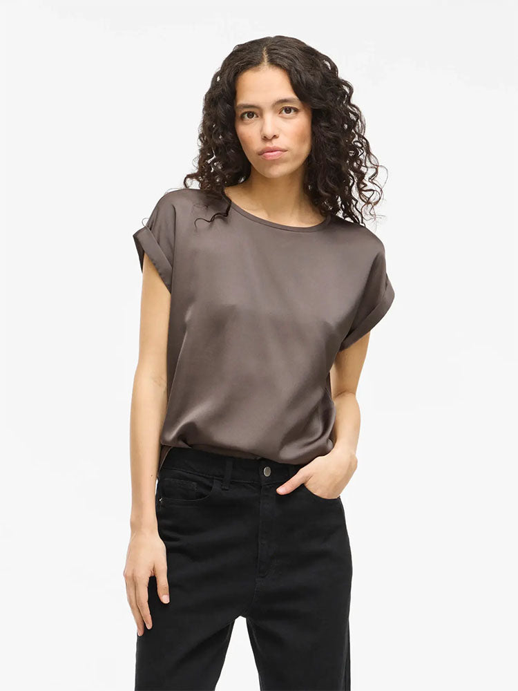 Viellette Short Sleeve Satin Top-Brown