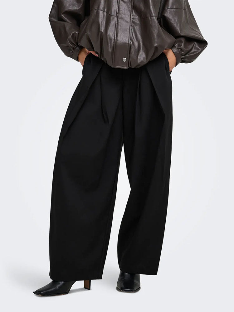 Onlyasmine Mid Waist Pleated Barrel Trousers-Black