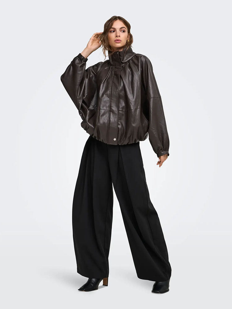 Onlyasmine Mid Waist Pleated Barrel Trousers-Black