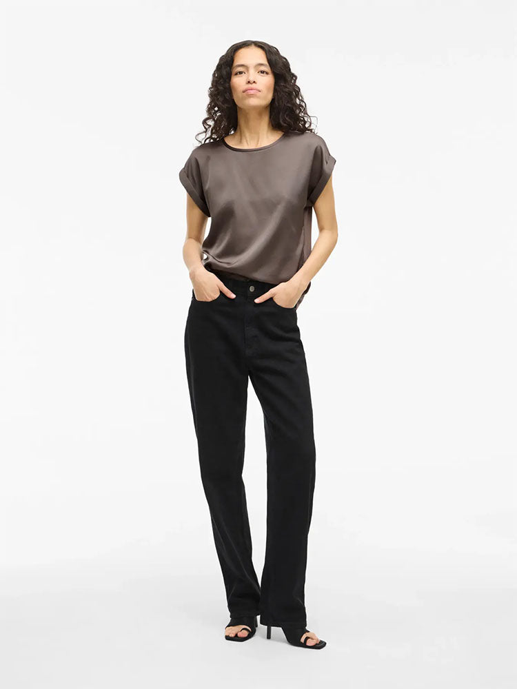 Viellette Short Sleeve Satin Top-Brown