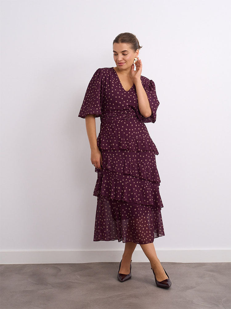 Wine Polka Dot Flounce Dress