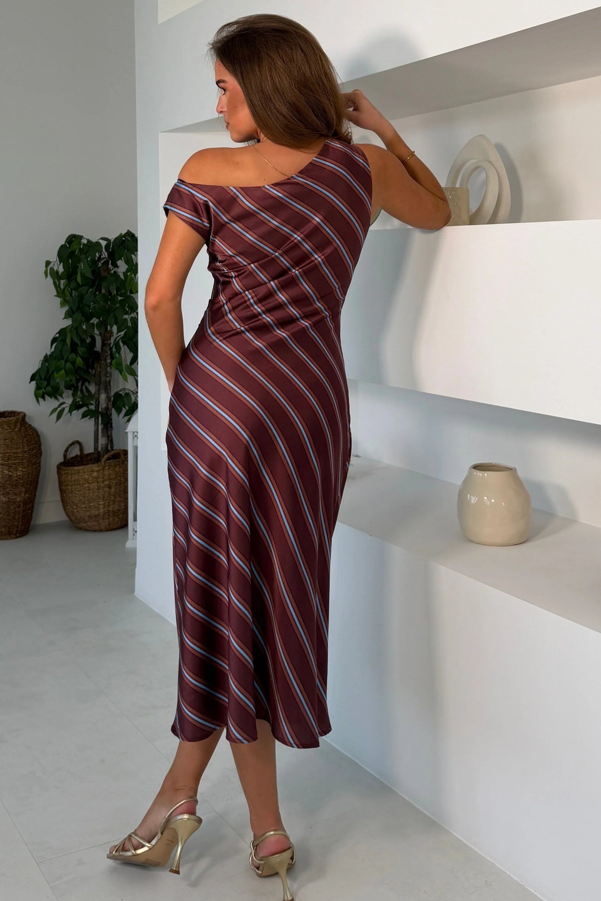 Margot Striped Off Shoulder Midi Dress Burgundy