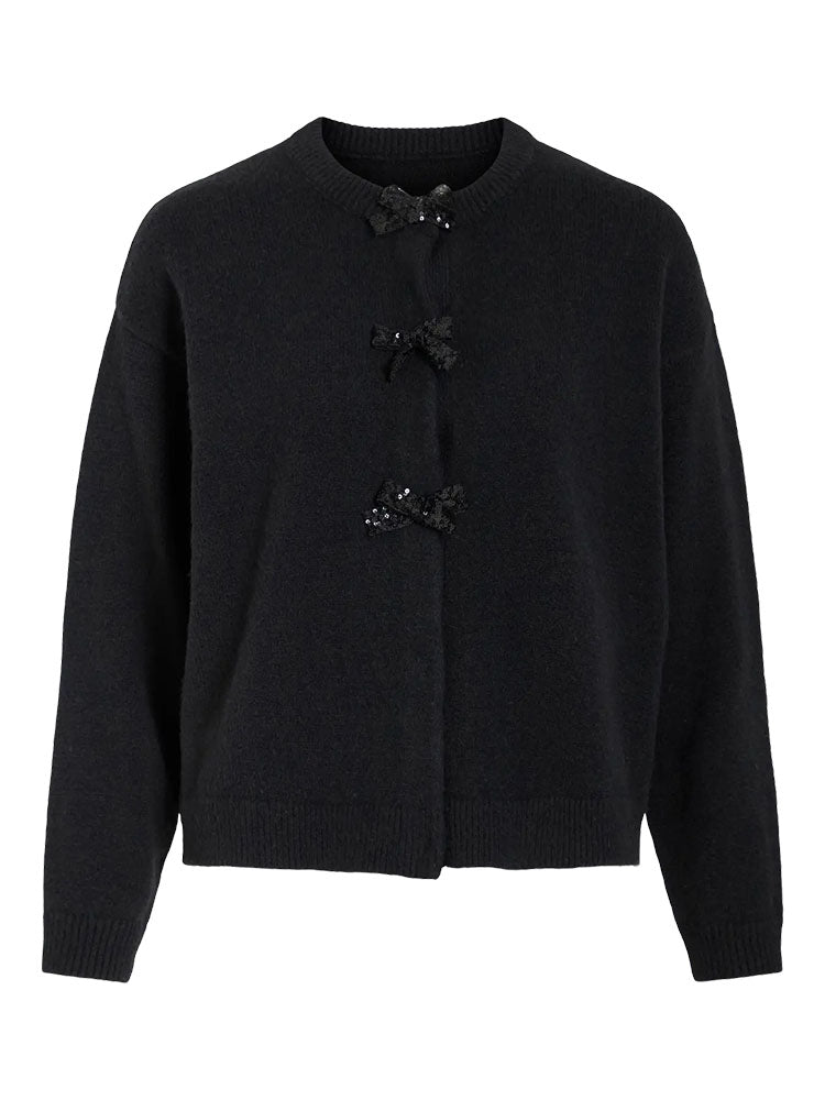 Vibrianna Sequin Bow Knit Cardigan-Black