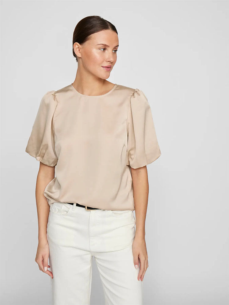 Viellette Satin Puff Sleeve Top-Fig