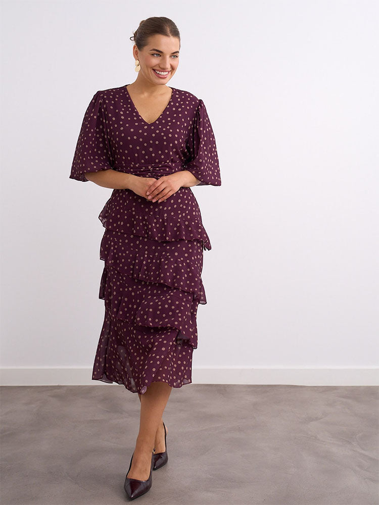 Wine Polka Dot Flounce Dress