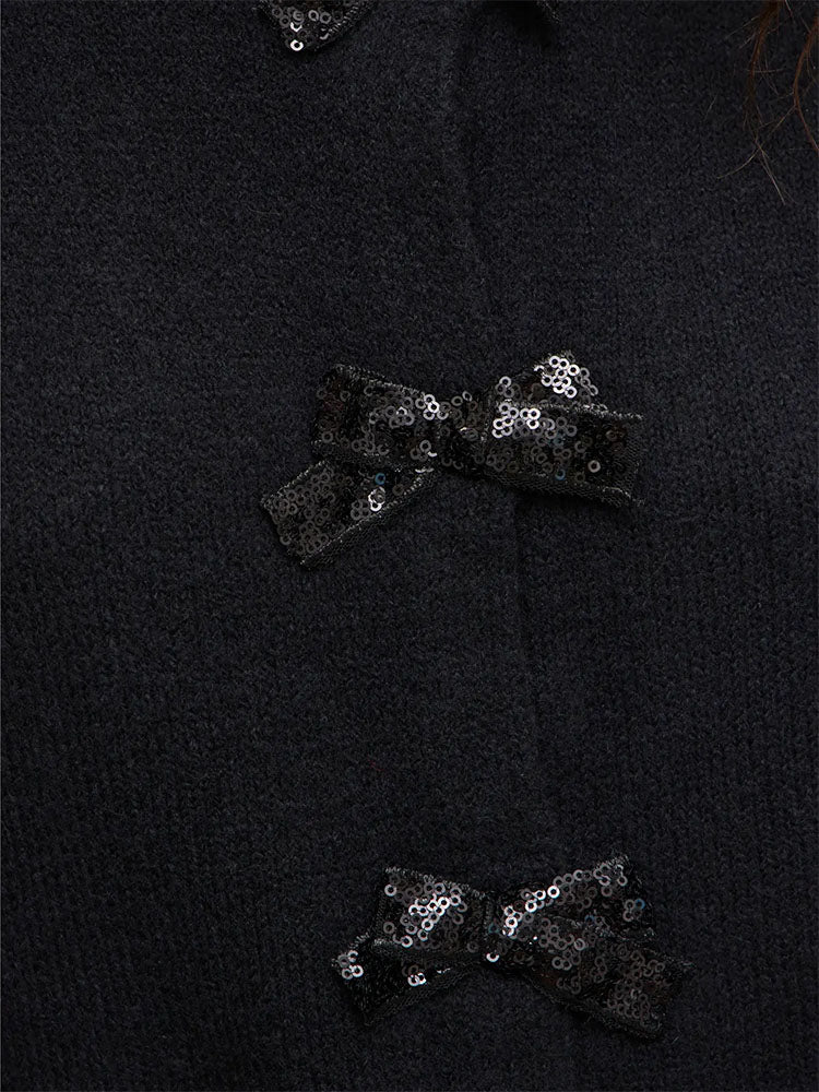 Vibrianna Sequin Bow Knit Cardigan-Black