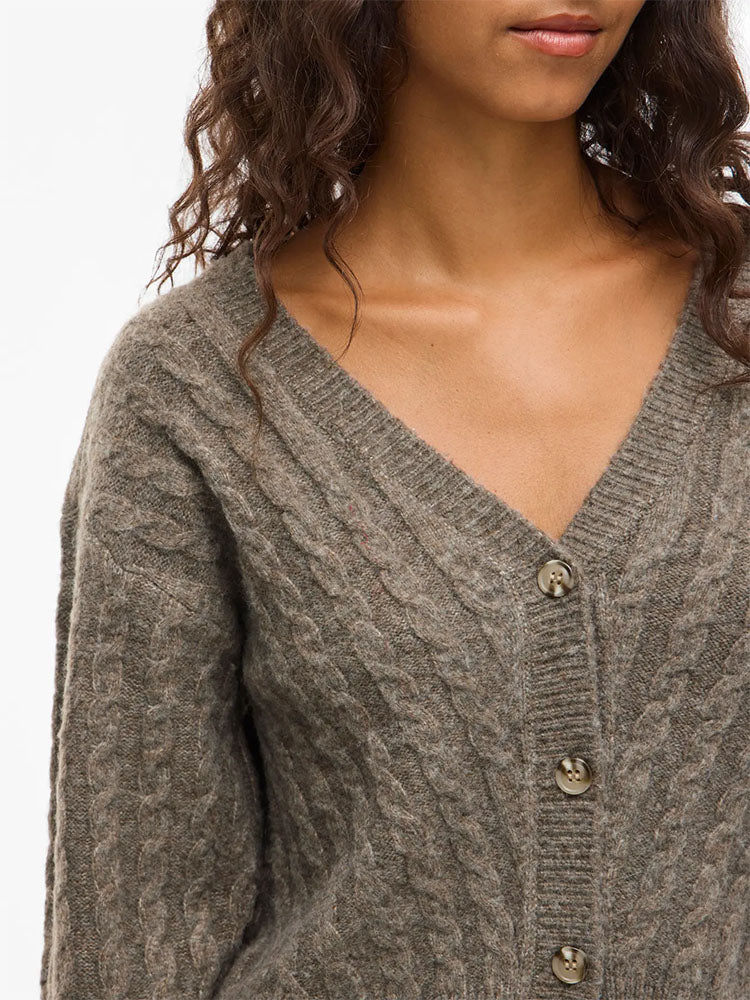 Virelli V-Neck Cable Knit Cardigan-Brown
