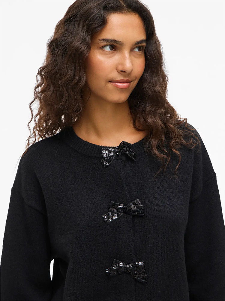 Vibrianna Sequin Bow Knit Cardigan-Black
