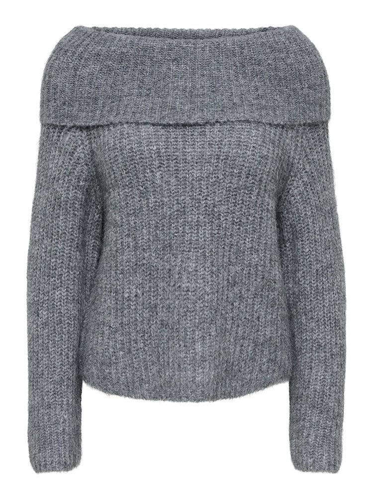 Onlmaggie Off Shoulder Knit Sweater-Grey