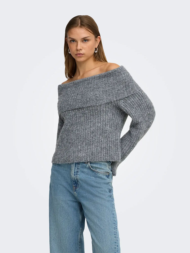 Onlmaggie Off Shoulder Knit Sweater-Grey