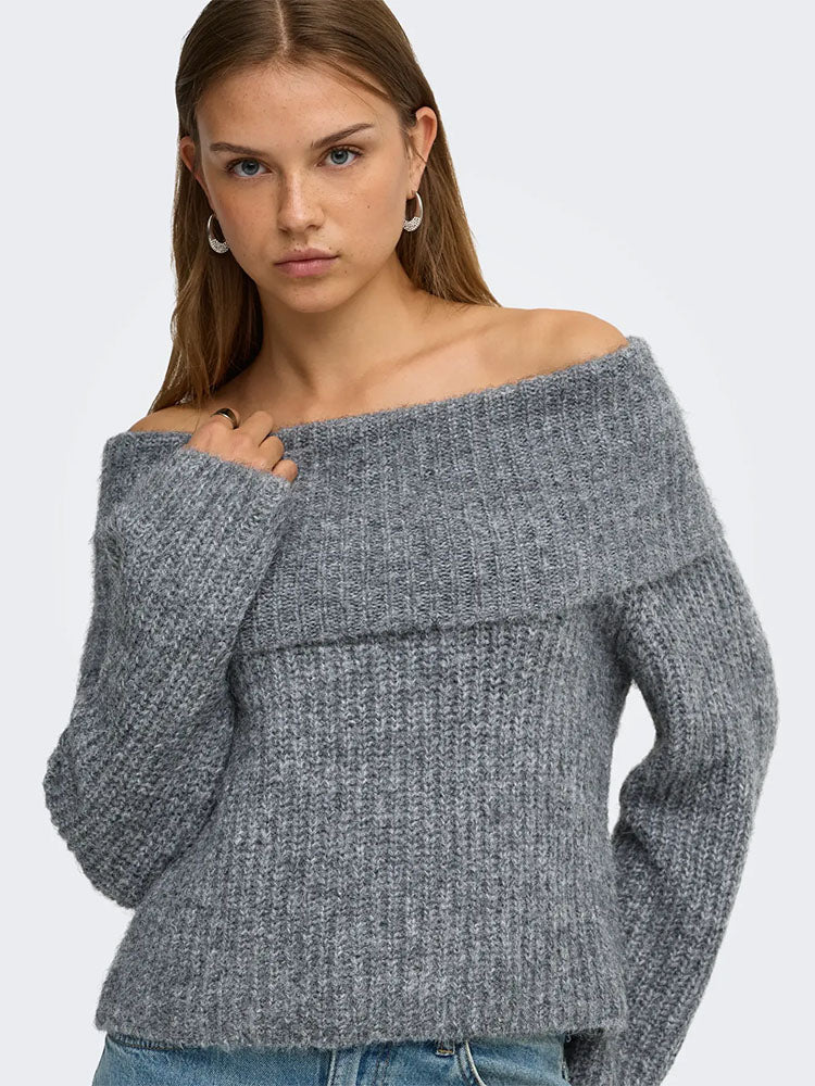 Onlmaggie Off Shoulder Knit Sweater-Grey