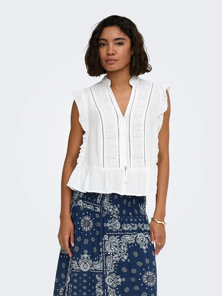 Onlhenny Frill Button Top-Bright White