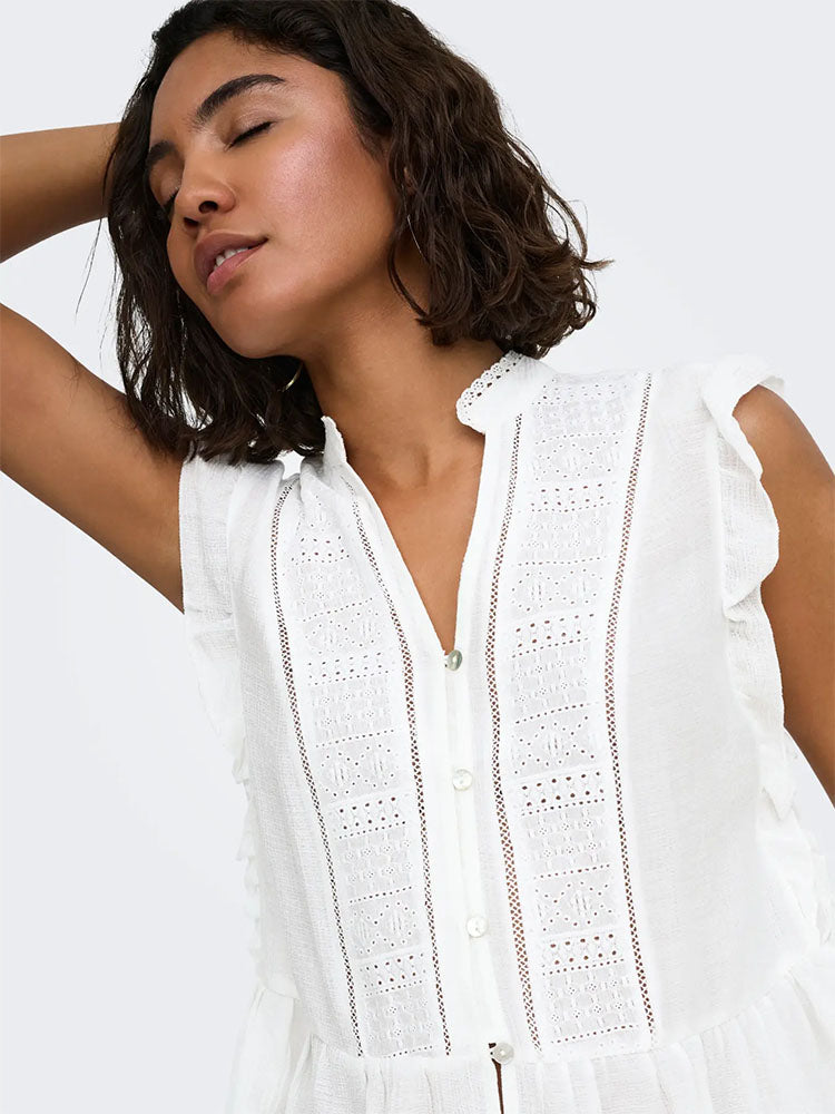 Onlhenny Frill Button Top-Bright White