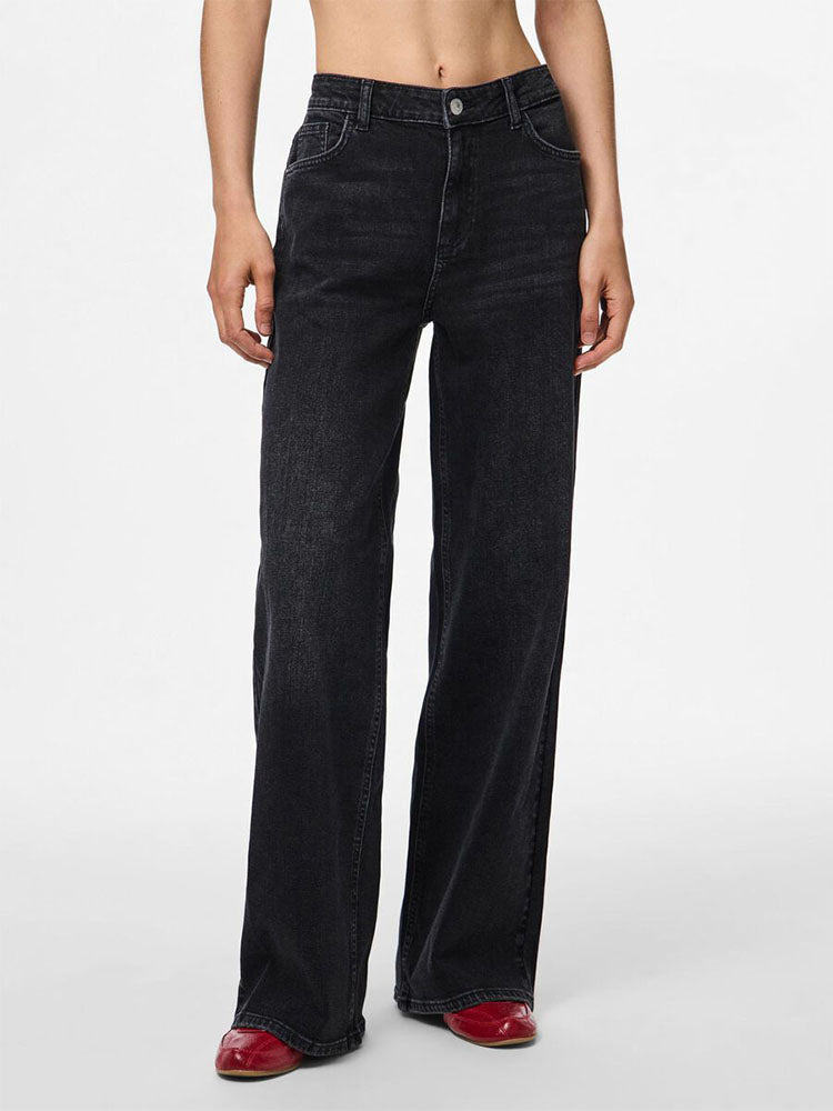 Pcsilke Mid Waist Wide Leg jeans-Washed Black