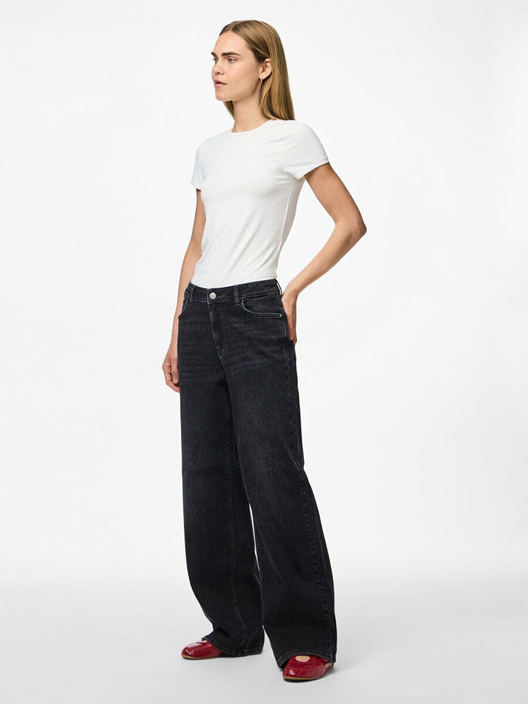 Pcsilke Mid Waist Wide Leg jeans-Washed Black