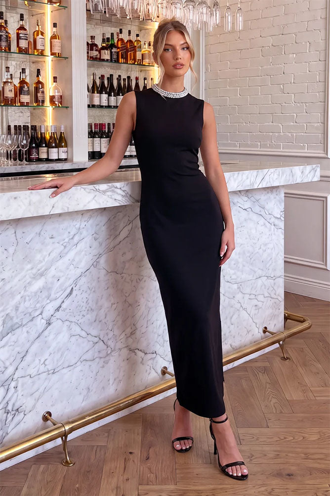 Black Embellished Neckline Midi Dress
