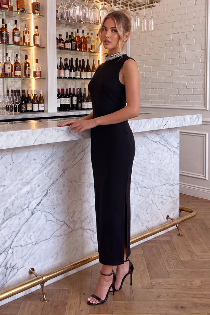 Black Embellished Neckline Midi Dress