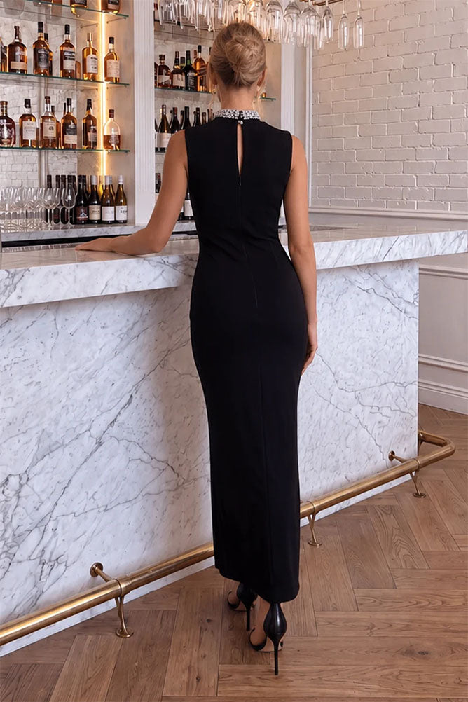 Black Embellished Neckline Midi Dress
