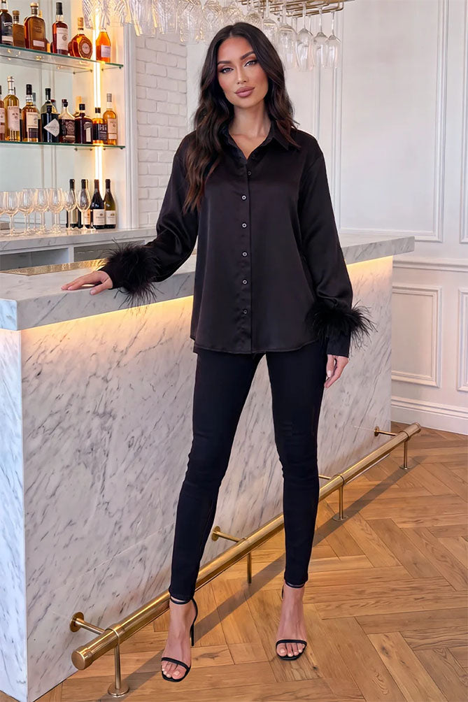 Black Satin Feather Cuff Long Sleeve Shirt
