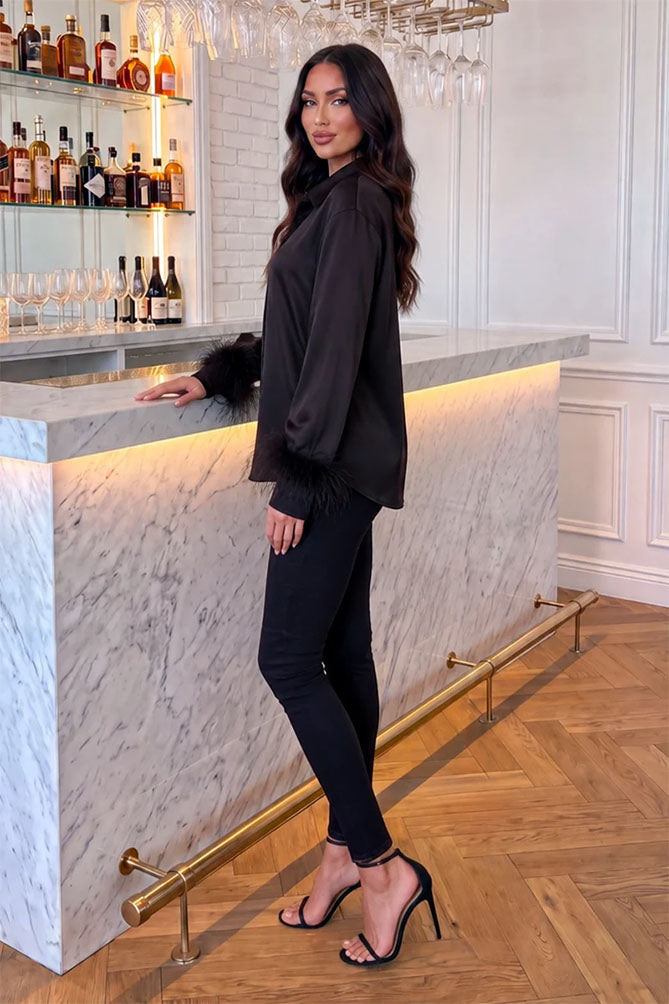 Black Satin Feather Cuff Long Sleeve Shirt