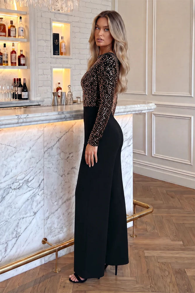 Bronze Sequin Long Sleeve Wide Leg Jumpsuit
