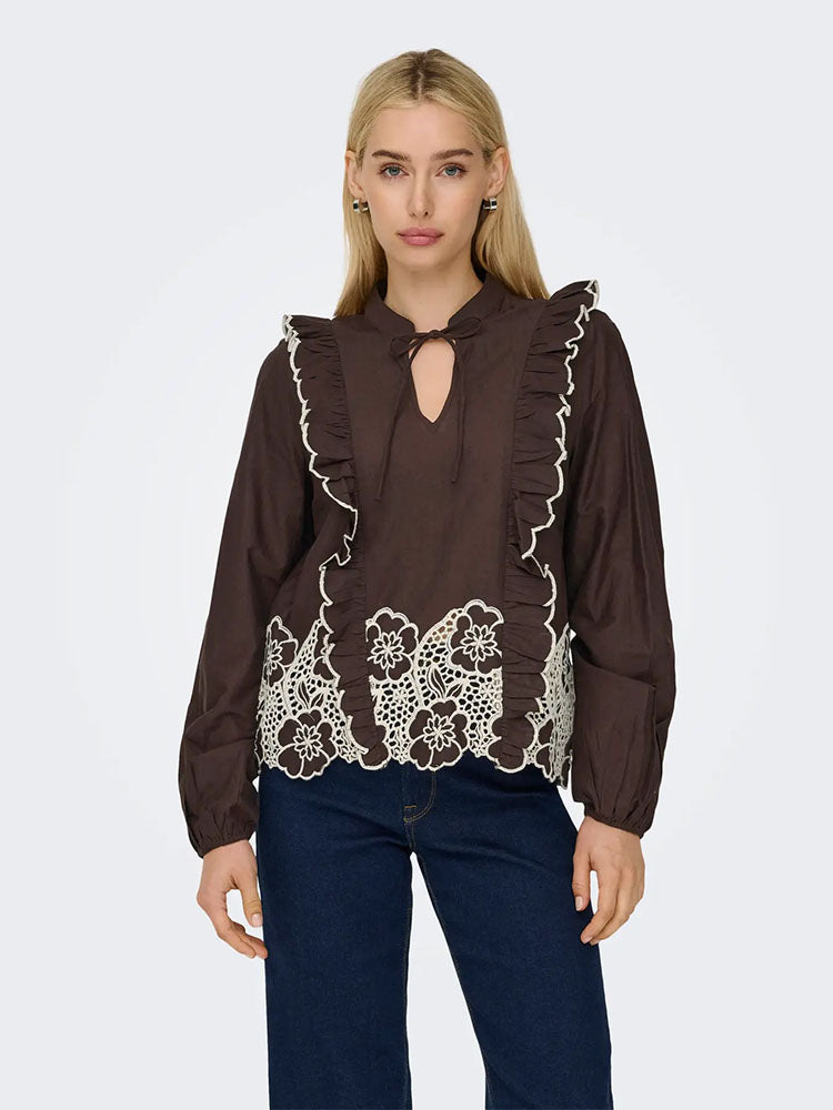 Jdyholly Frill Shoulder Embellished Top-Brown
