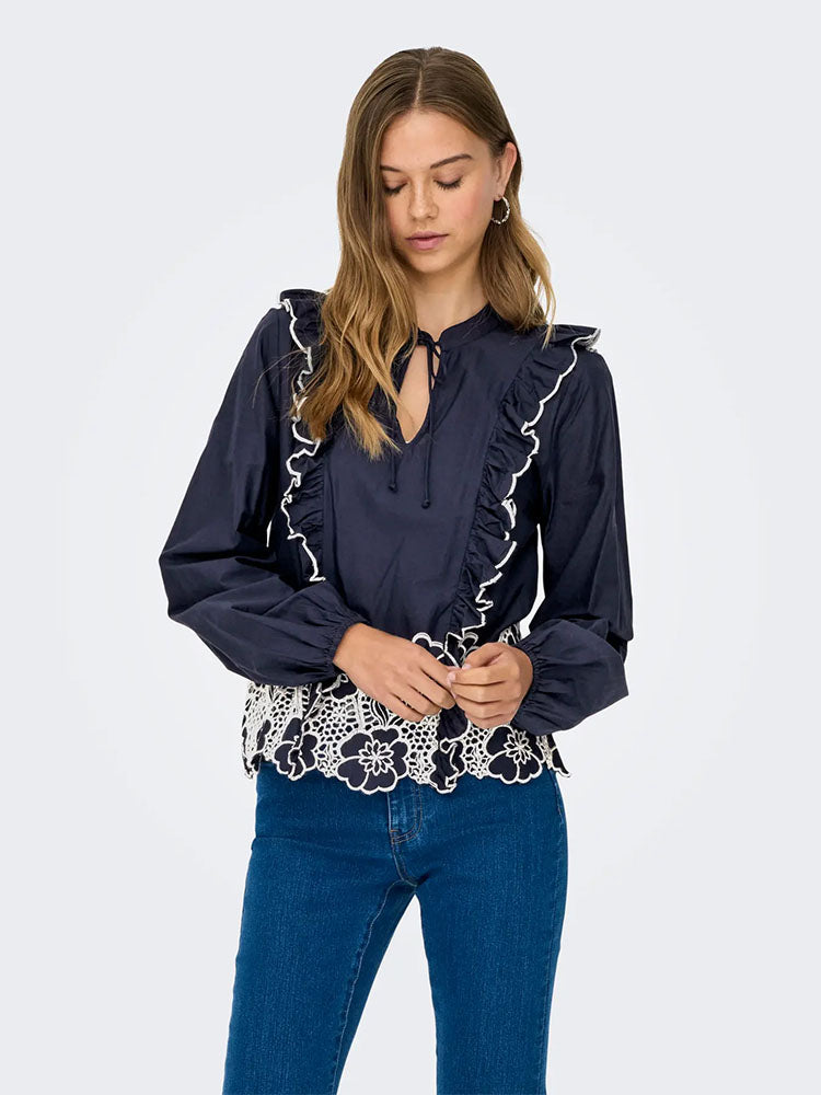 Jdyholly Frill Shoulder Embellished Top-Navy