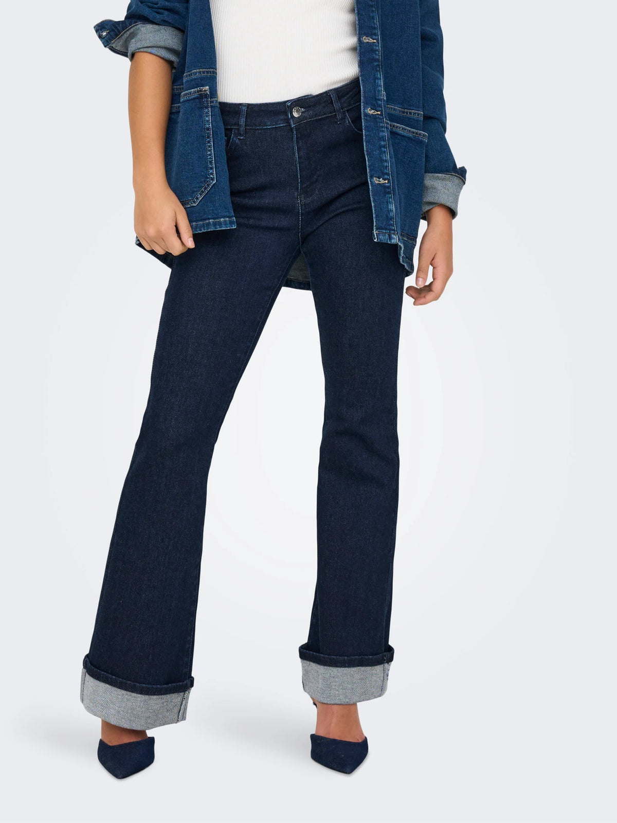 onlmila flared foldup jeans- dark blue denim