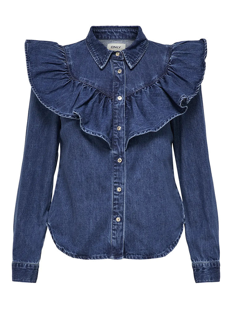 Onlindigo Frill Denim Shirt-Dark Blue Denim