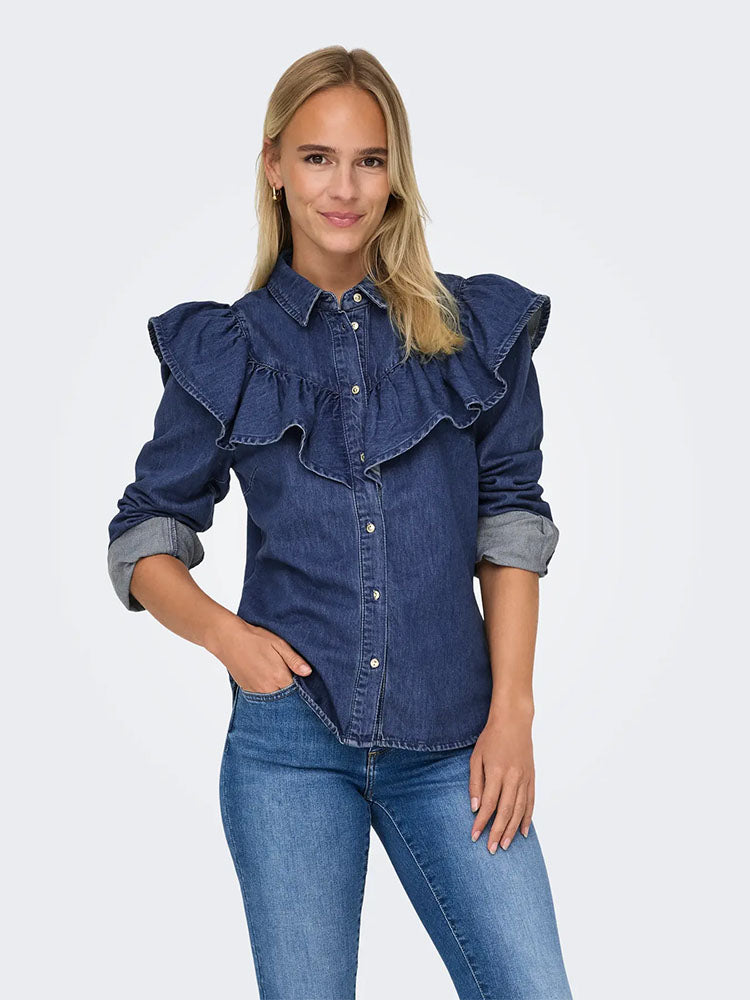 Onlindigo Frill Denim Shirt-Dark Blue Denim