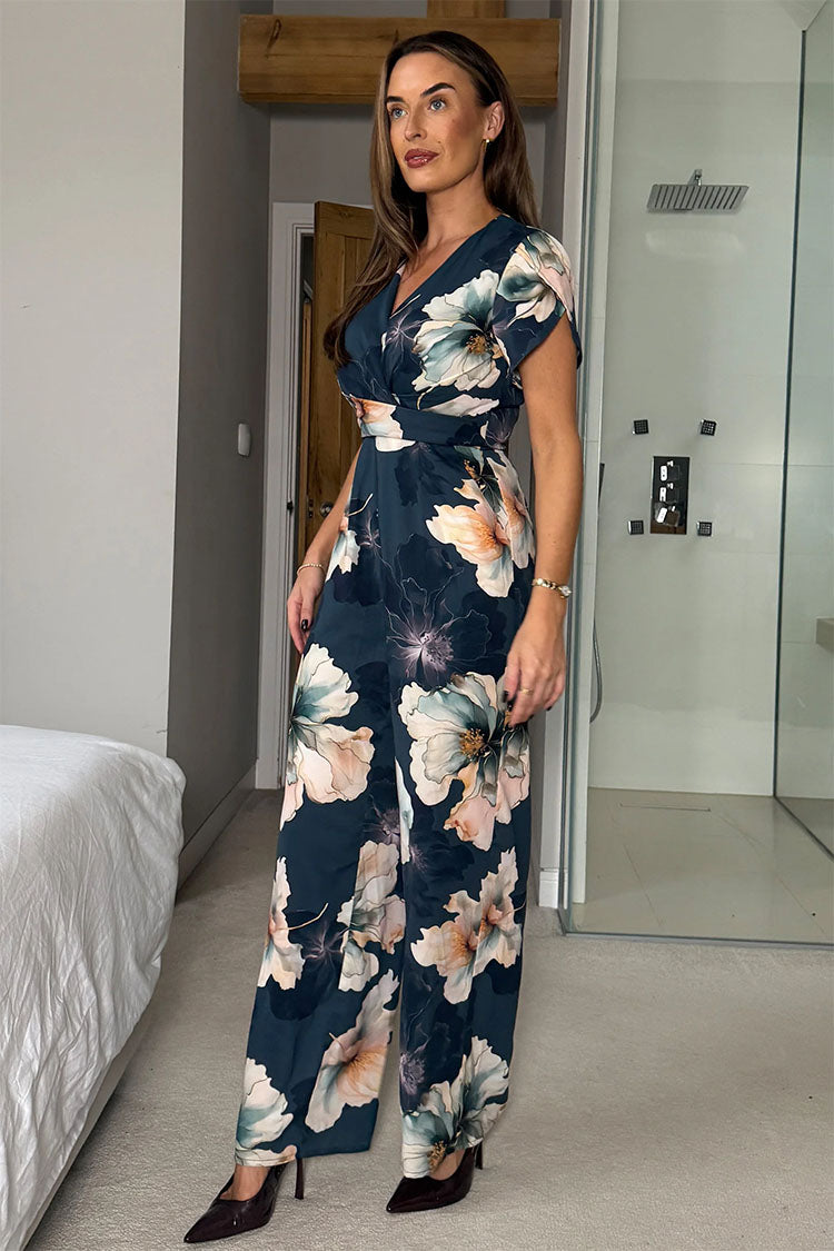 Bridget Twist Font Split Arm Jumpsuit Blue Floral