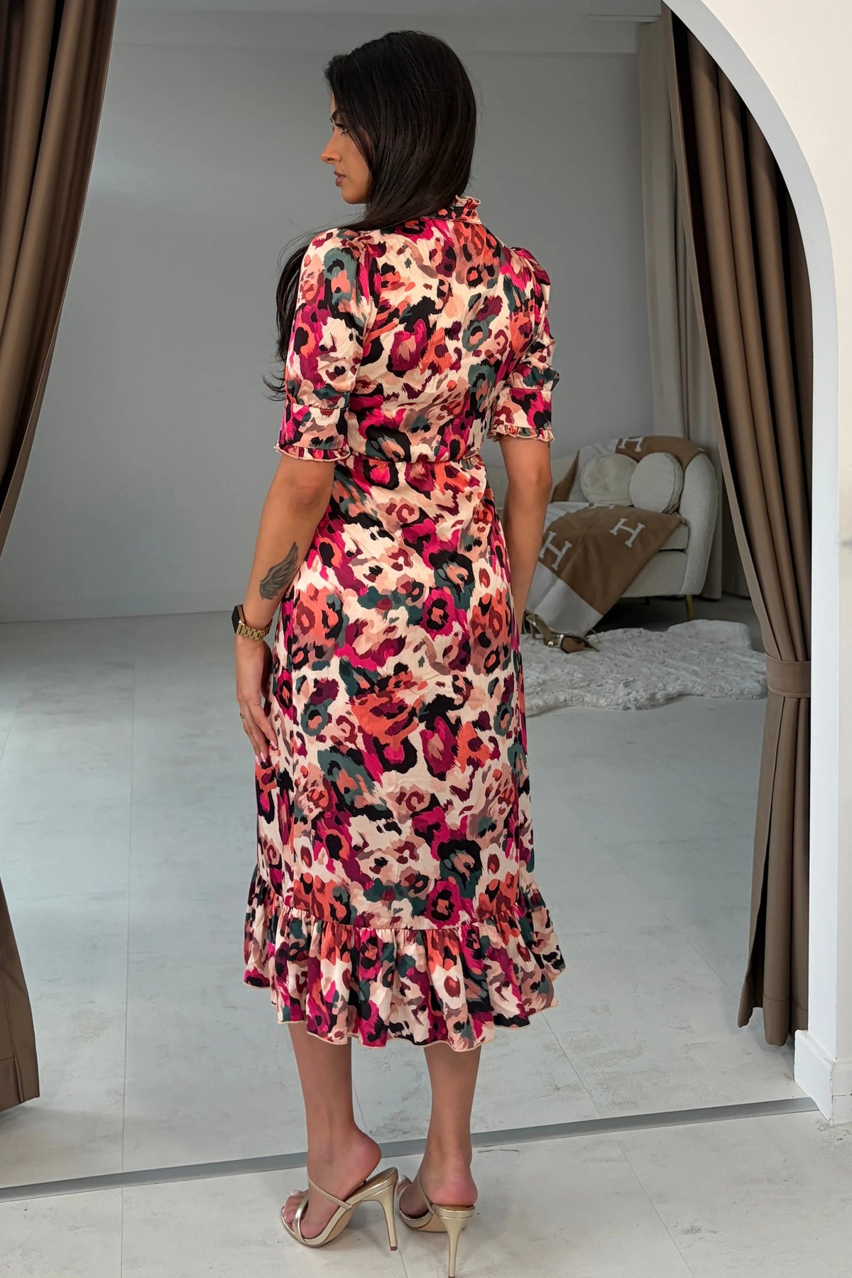 Kirsty Ruffle Hem Midi Dress Pink Leopard