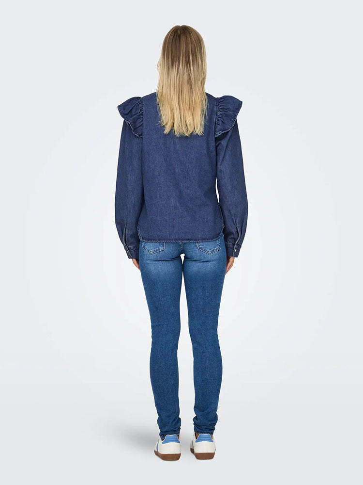 Onlindigo Frill Denim Shirt-Dark Blue Denim