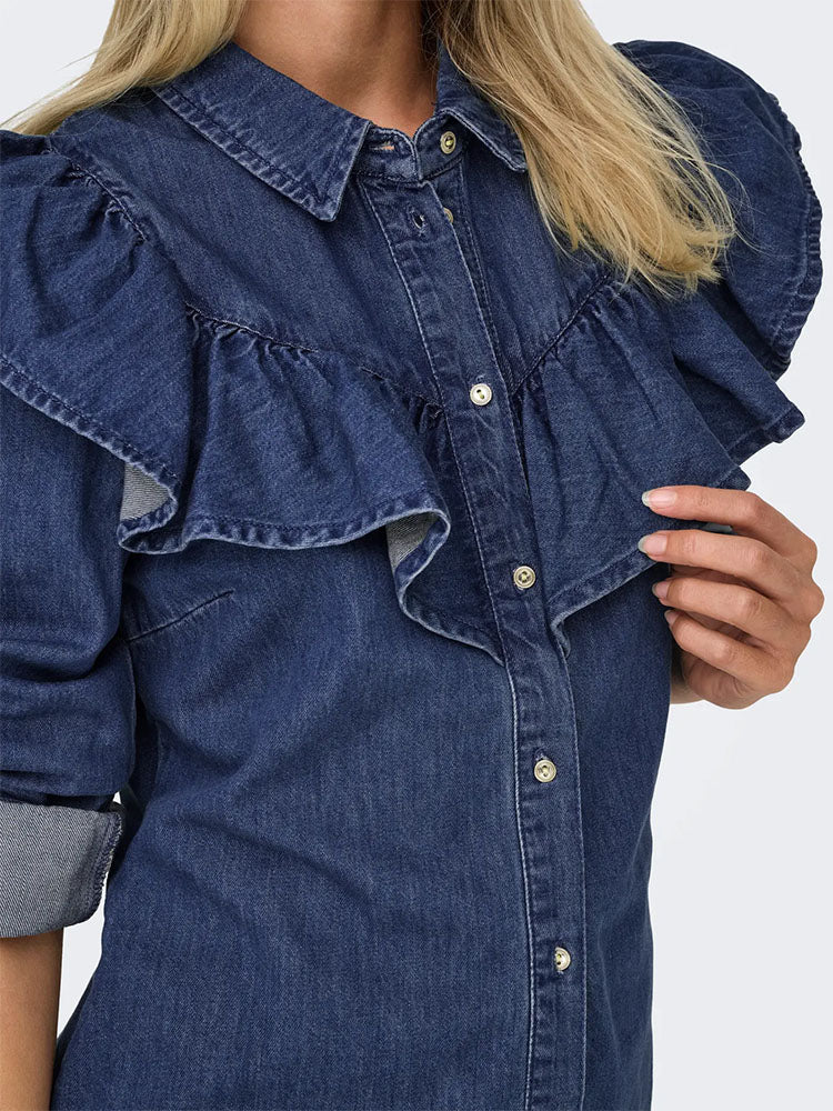 Onlindigo Frill Denim Shirt-Dark Blue Denim