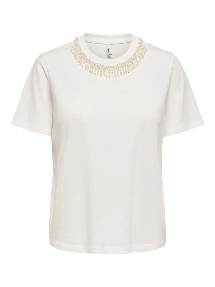 Onlparker Pearl Neck T-Shirt-White