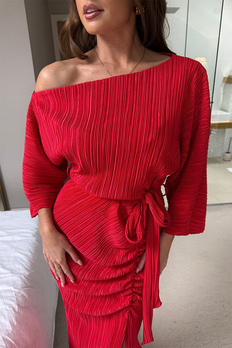 Vendy Off The Shoulder Ruched Detail Midi Dress Red