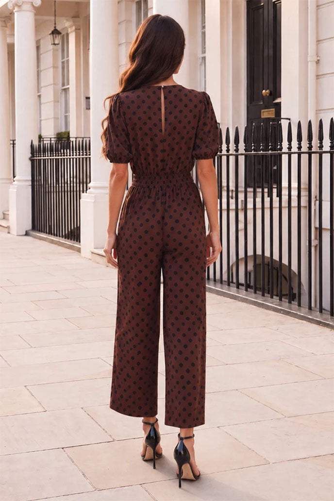 Chocolate And Black Polka Dot Puff Sleeve Culotte Jumpsuit