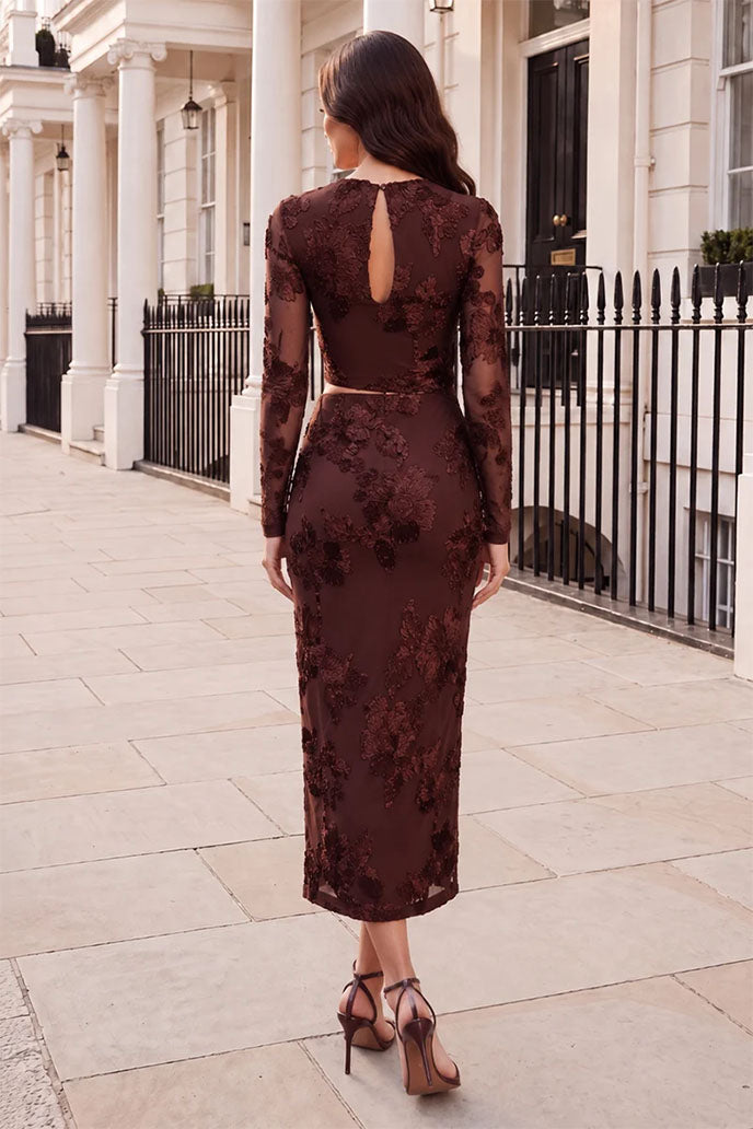 Chocolate Floral Embroidered Cut out Midi Dress