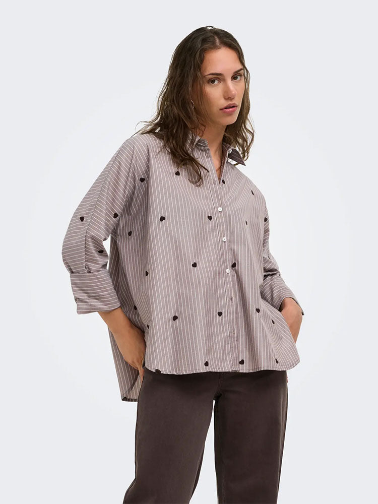 Onlnew Lina Grace Stripe Shirt-Brown/Cream with Brown Heart