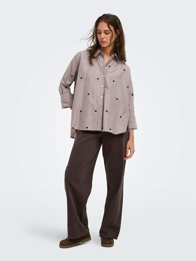 Onlnew Lina Grace Stripe Shirt-Brown/Cream with Brown Heart