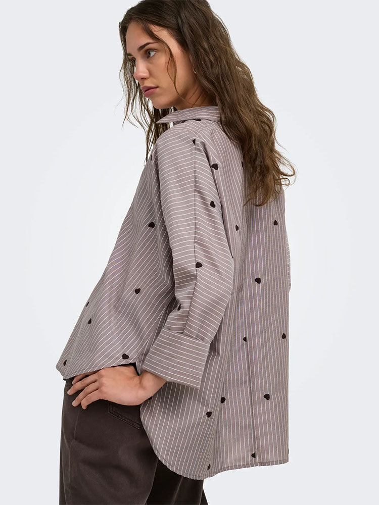 Onlnew Lina Grace Stripe Shirt-Brown/Cream with Brown Heart